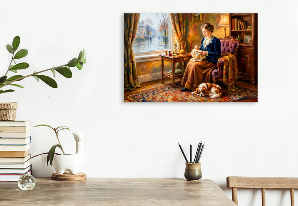 Premium Textil-Leinwand Frau am Fenster mit Spaniel Impressionistisch
