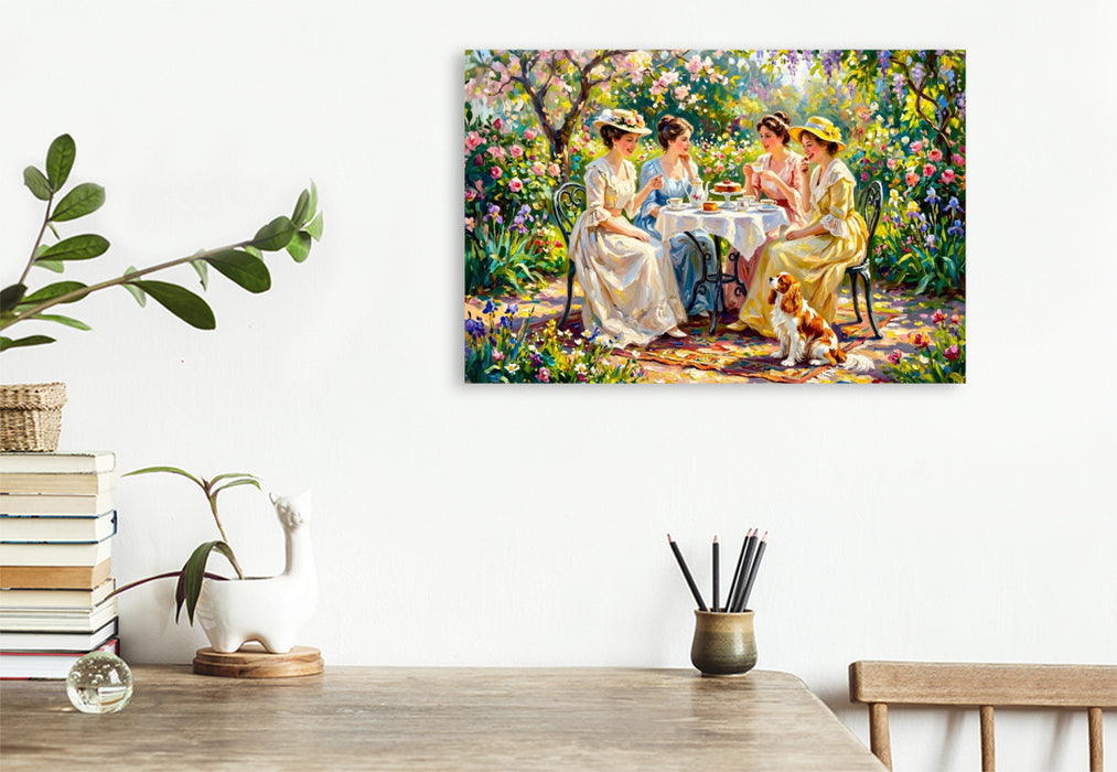 Premium Textil-Leinwand Frühlingsgarten Damenrunde mit Spaniel Impressionistisch