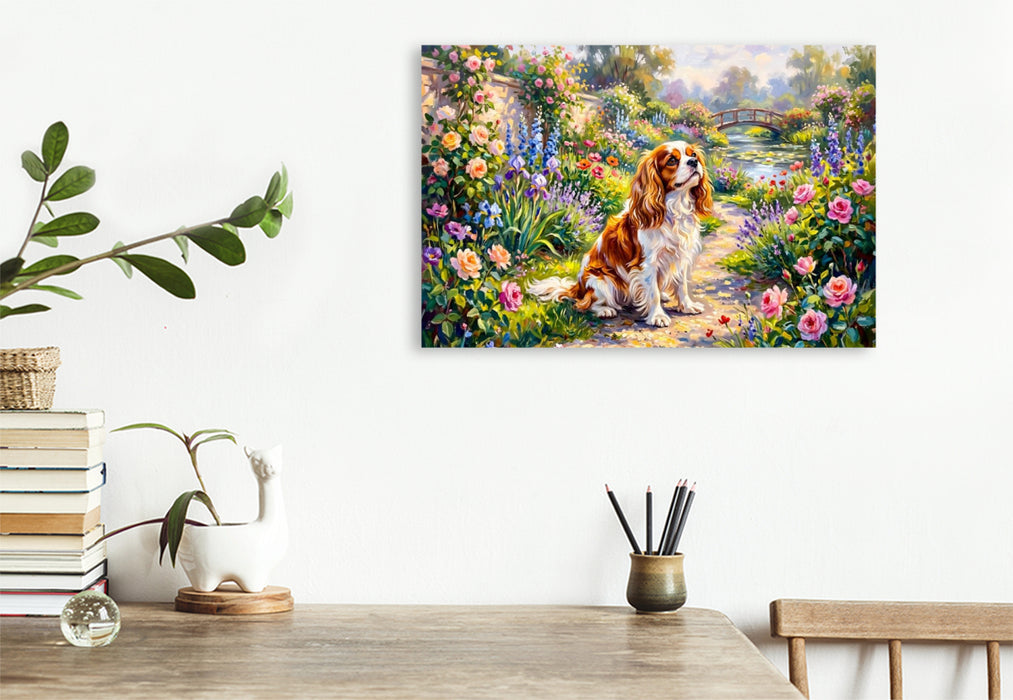 Premium Textil-Leinwand King Charles Spaniel Portrait im Garten