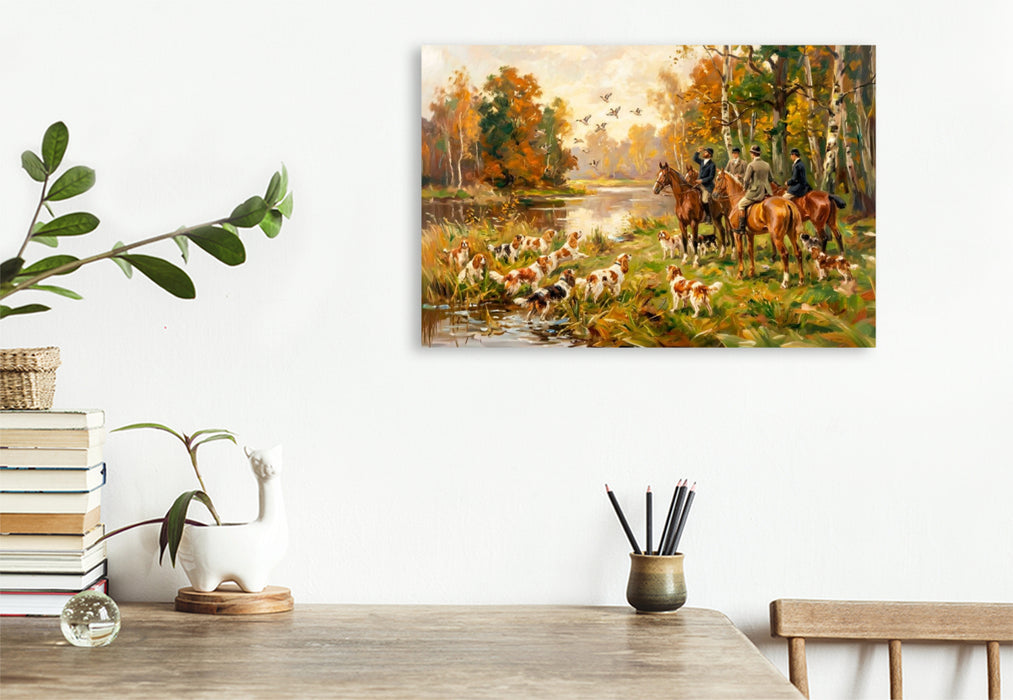 Premium Textil-Leinwand Herbstliche Entenjagd mit King Charles Spaniels