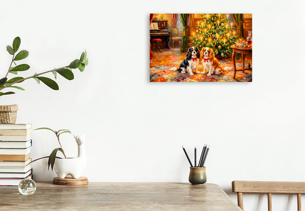 Premium Textil-Leinwand Zwei Spaniel unterm Weihnachtsbaum Impressionistisch