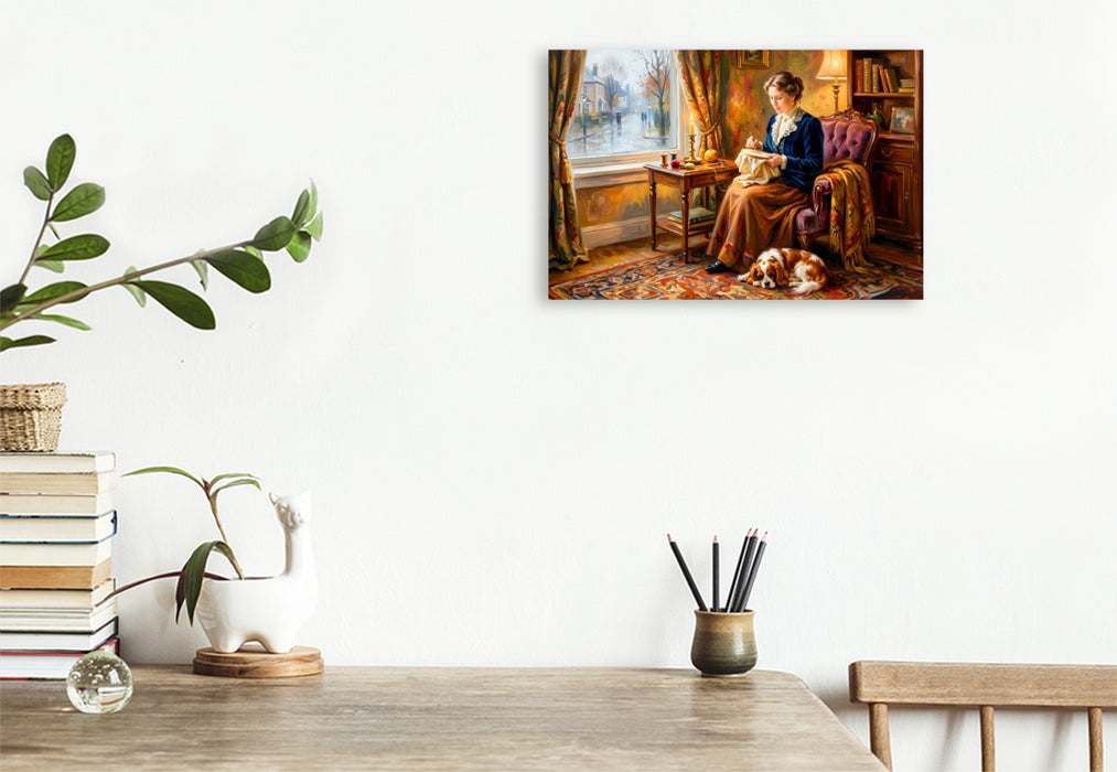 Premium Textil-Leinwand Frau am Fenster mit Spaniel Impressionistisch