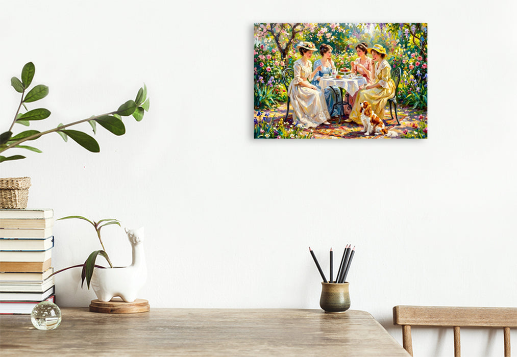 Premium Textil-Leinwand Frühlingsgarten Damenrunde mit Spaniel Impressionistisch