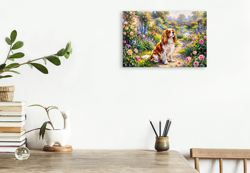 Premium Textil-Leinwand King Charles Spaniel Portrait im Garten