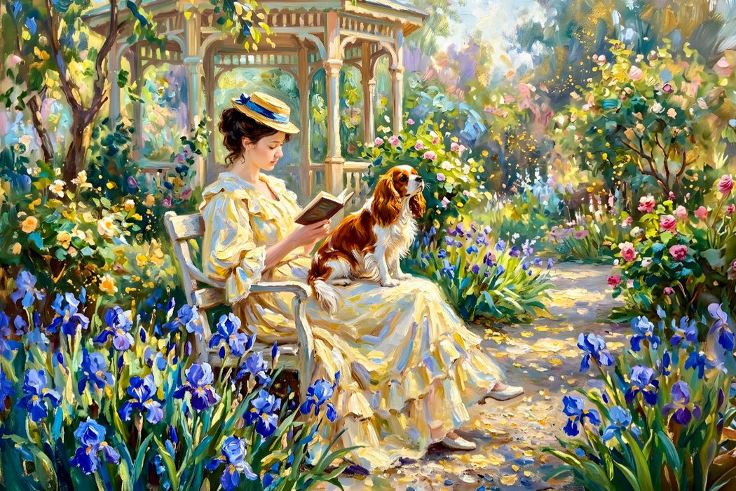 Premium Textil-Leinwand Dame im Bartliliengarten mit Cavalier Spaniel