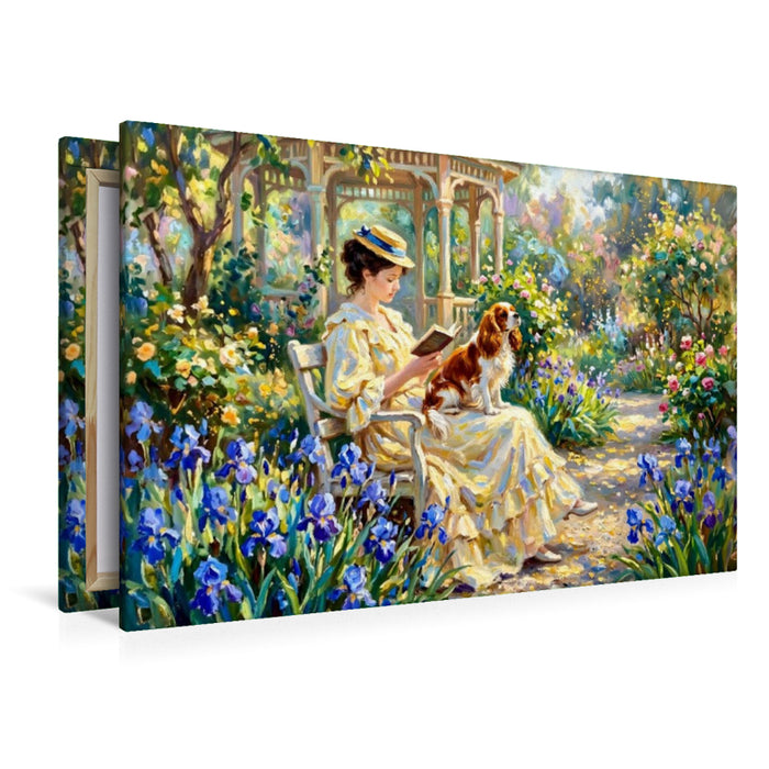 Premium Textil-Leinwand Dame im Bartliliengarten mit Cavalier Spaniel