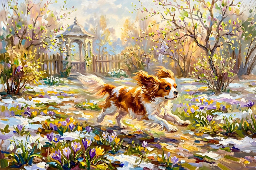 Premium Textil-Leinwand Cavalier Spaniel im Frühlingsgarten unterwegs