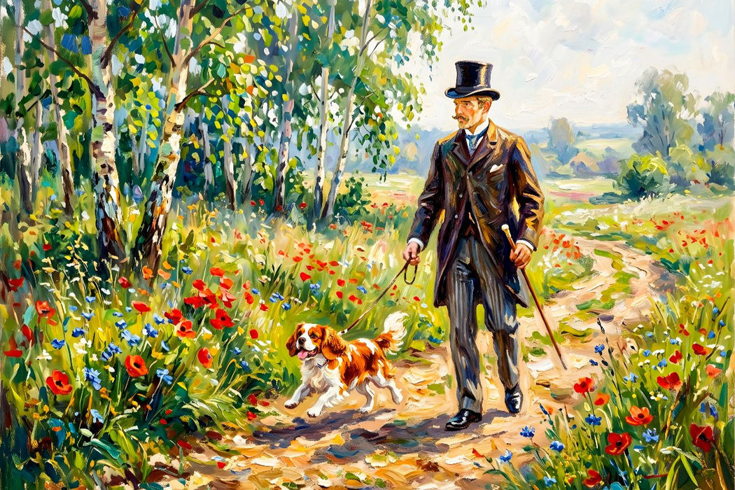 Premium Textil-Leinwand Mann mit Zylinder und Hund im Mohnweg