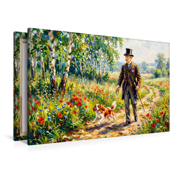 Premium Textil-Leinwand Mann mit Zylinder und Hund im Mohnweg