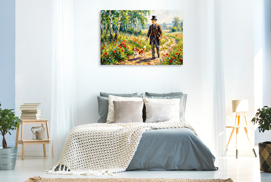 Premium Textil-Leinwand Mann mit Zylinder und Hund im Mohnweg