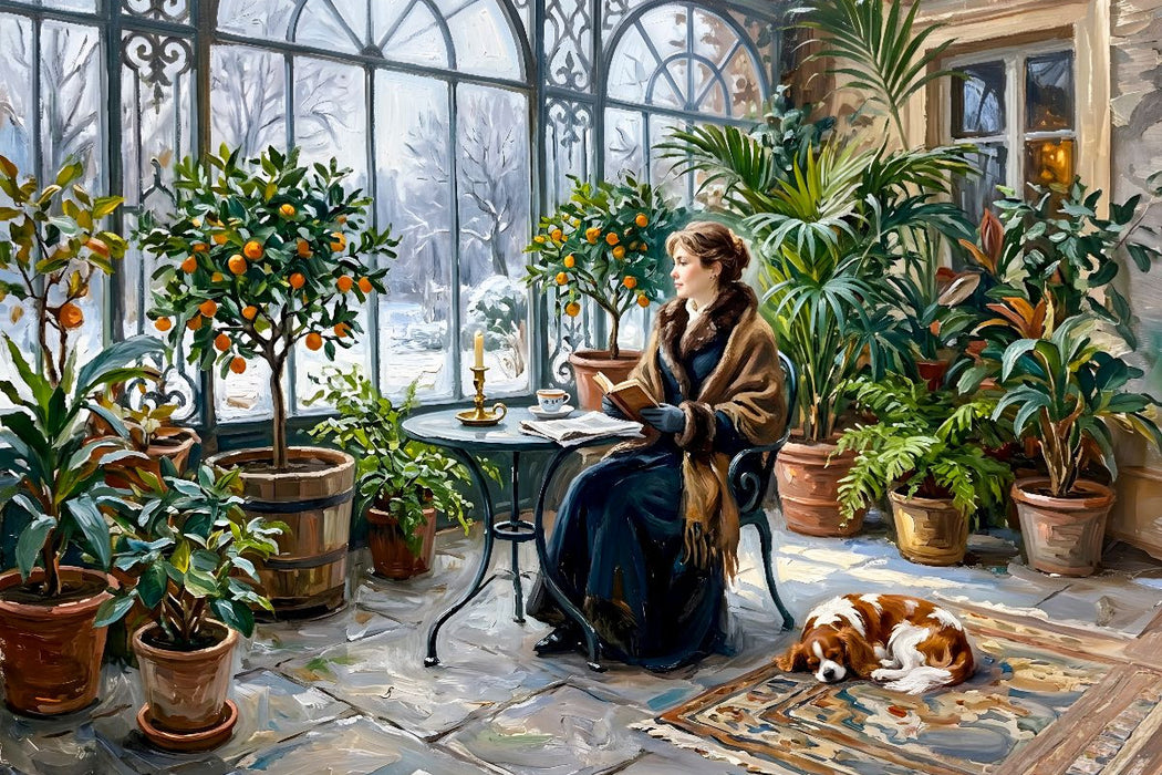 Premium Textil-Leinwand Winterliche Orangerie mit Frau und Spaniel Hund