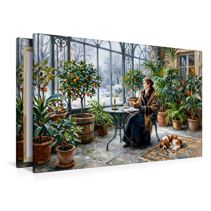Premium Textil-Leinwand Winterliche Orangerie mit Frau und Spaniel Hund