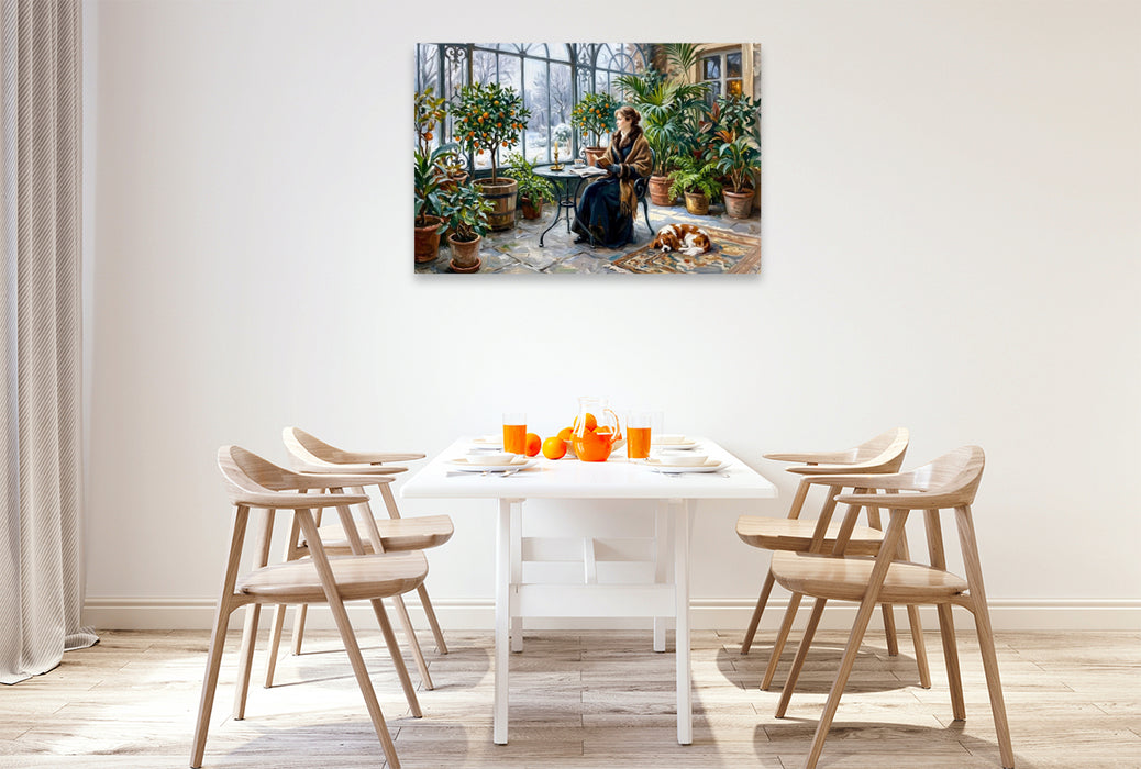 Premium Textil-Leinwand Winterliche Orangerie mit Frau und Spaniel Hund