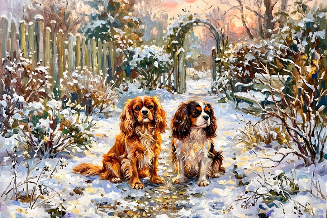 Premium Textil-Leinwand Cavalier King Charles Spaniels im Wintergarten