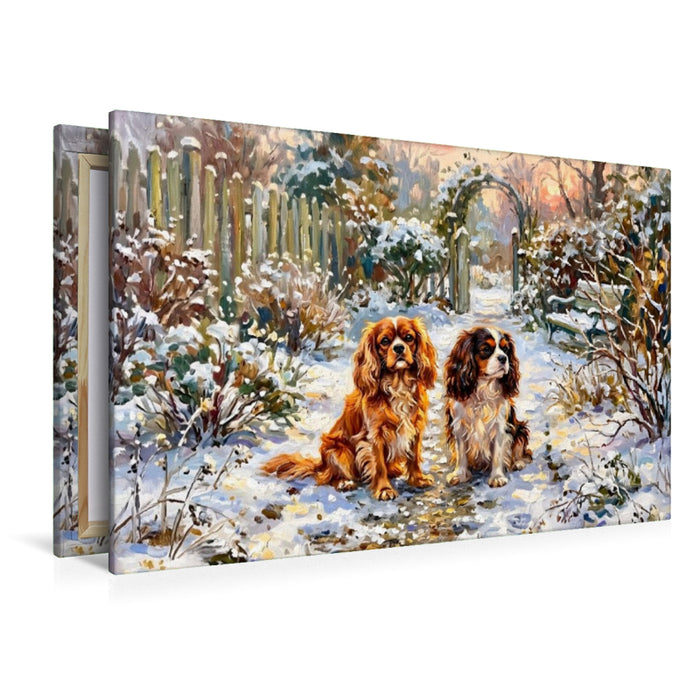 Premium Textil-Leinwand Cavalier King Charles Spaniels im Wintergarten