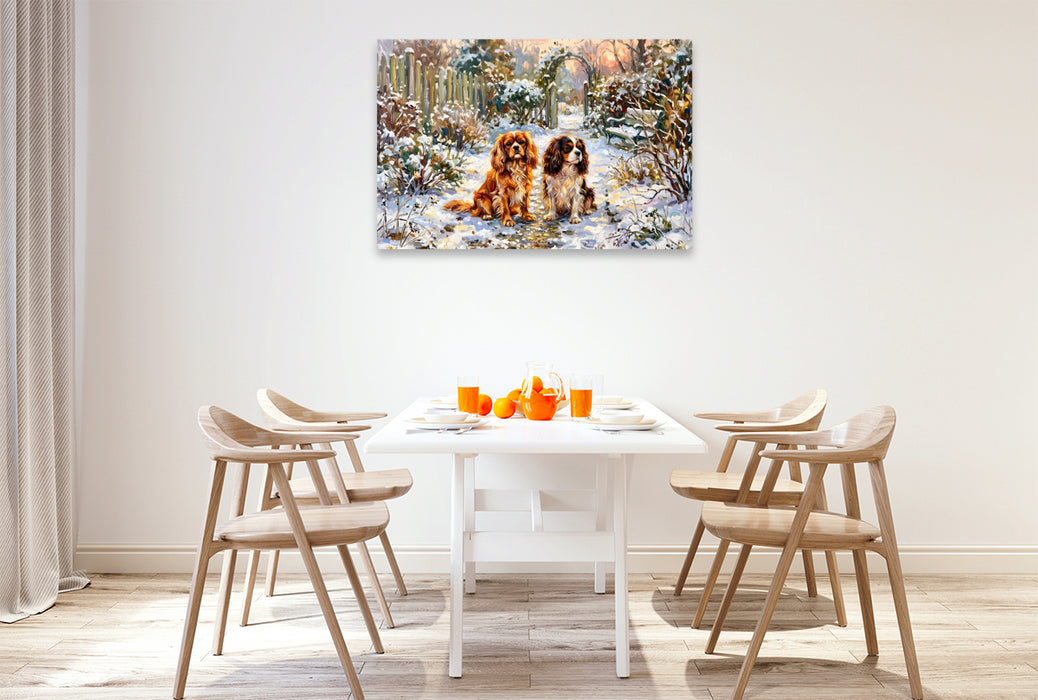 Premium Textil-Leinwand Cavalier King Charles Spaniels im Wintergarten