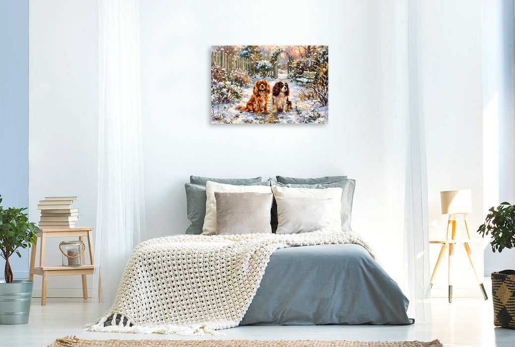 Premium Textil-Leinwand Cavalier King Charles Spaniels im Wintergarten