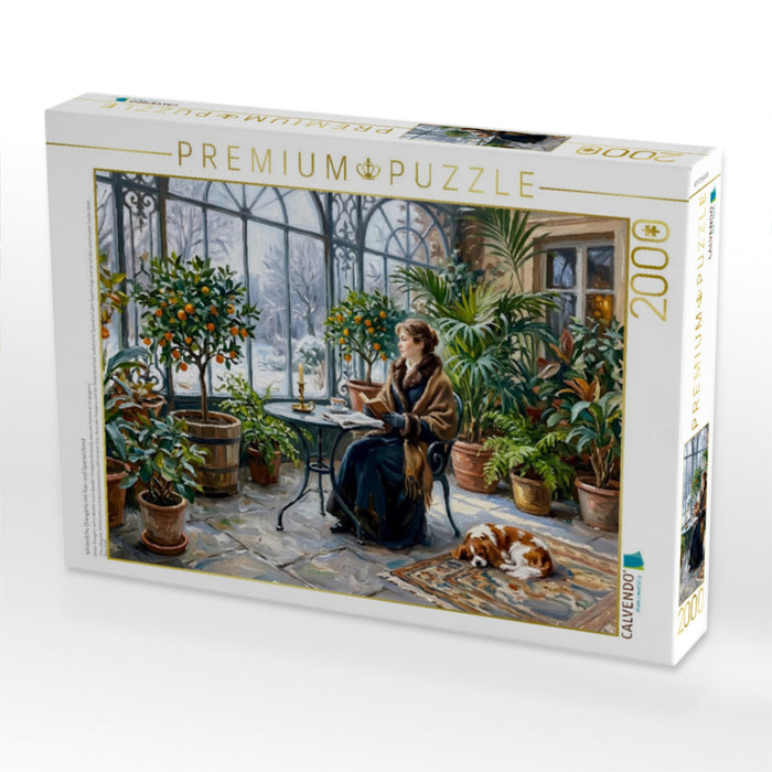 Winterliche Orangerie mit Frau und Spaniel Hund - CALVENDO Foto-Puzzle'