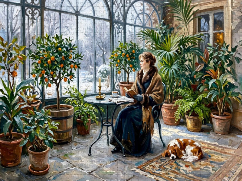 Winterliche Orangerie mit Frau und Spaniel Hund - CALVENDO Foto-Puzzle'