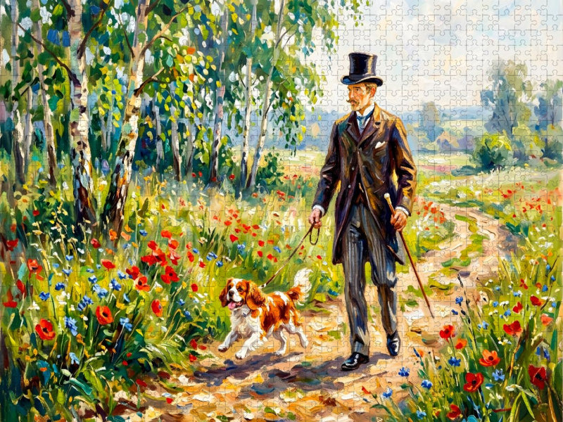 Mann mit Zylinder und Hund im Mohnweg - CALVENDO Foto-Puzzle'
