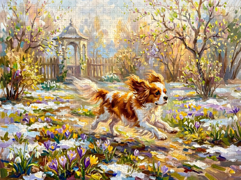 Cavalier Spaniel im Frühlingsgarten unterwegs - CALVENDO Foto-Puzzle'
