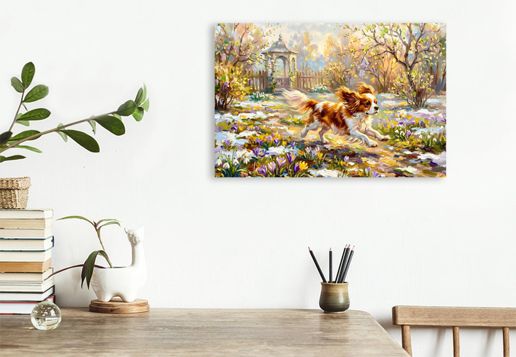 Premium Textil-Leinwand Cavalier Spaniel im Frühlingsgarten unterwegs