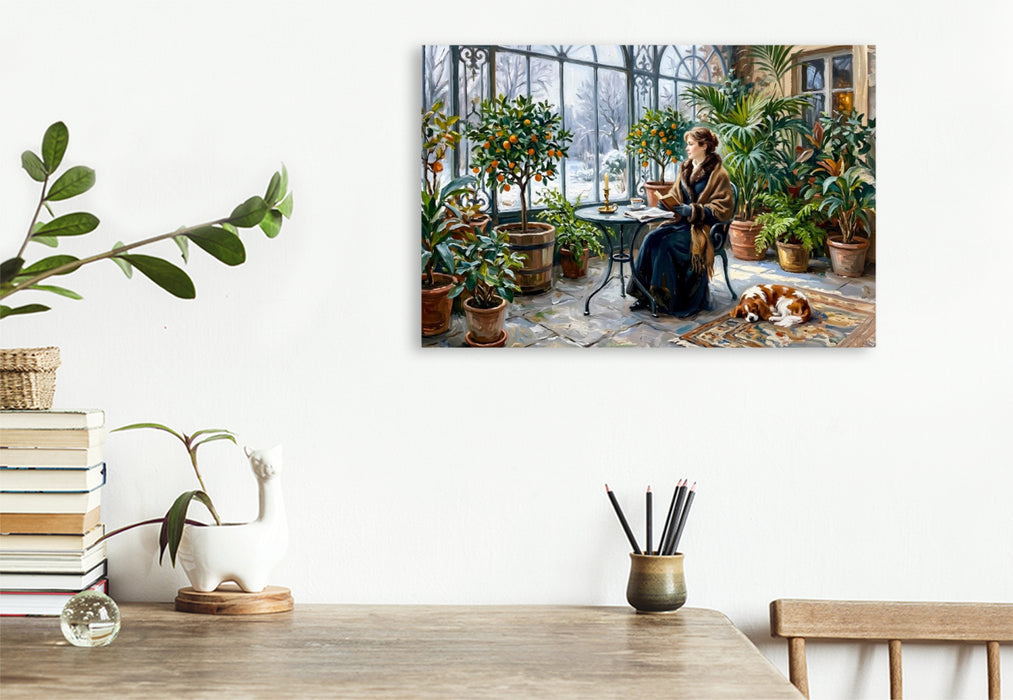 Premium Textil-Leinwand Winterliche Orangerie mit Frau und Spaniel Hund