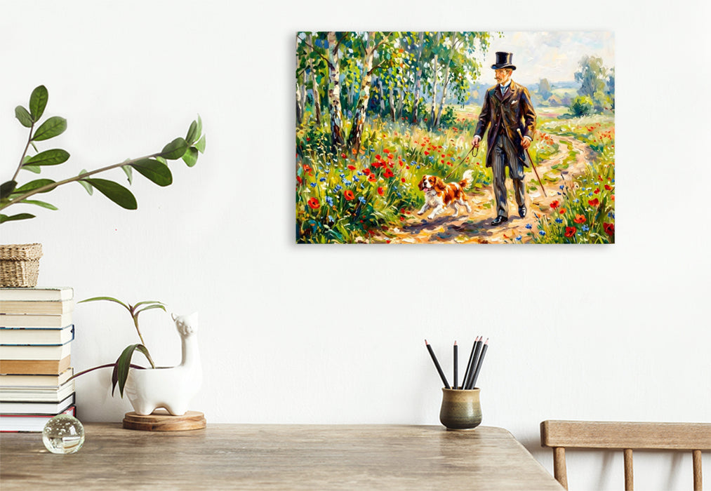 Premium Textil-Leinwand Mann mit Zylinder und Hund im Mohnweg