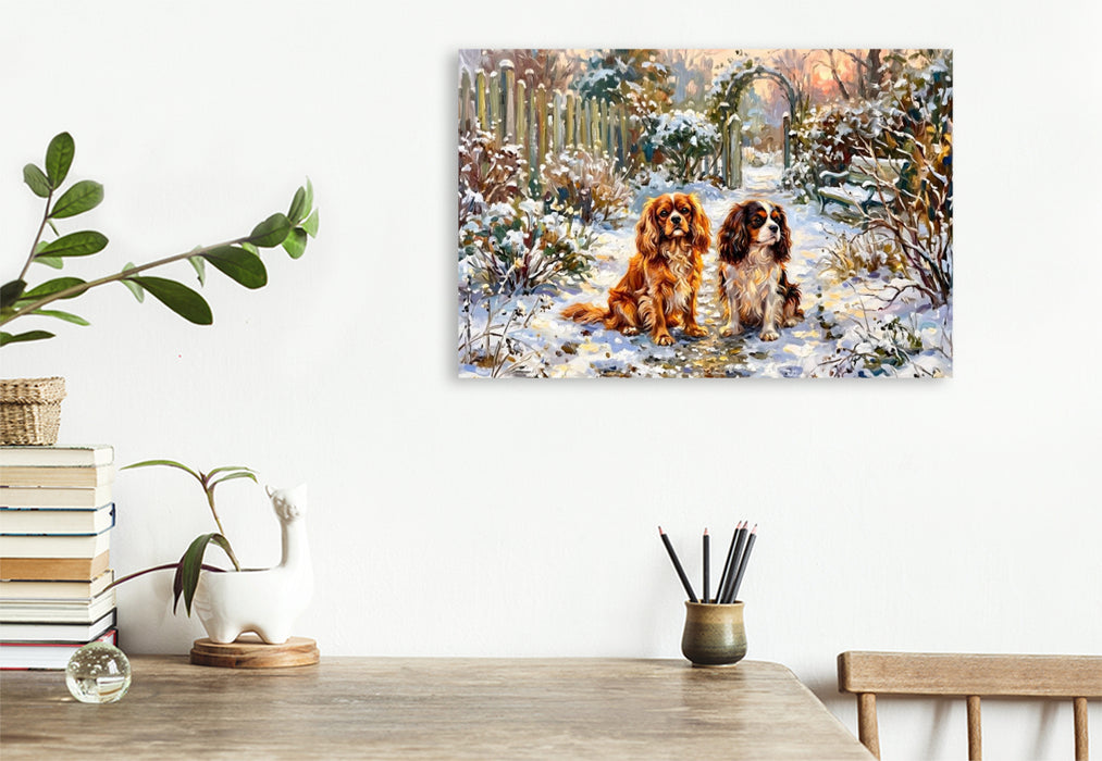 Premium Textil-Leinwand Cavalier King Charles Spaniels im Wintergarten