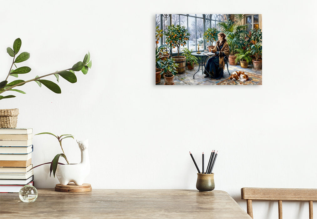 Premium Textil-Leinwand Winterliche Orangerie mit Frau und Spaniel Hund
