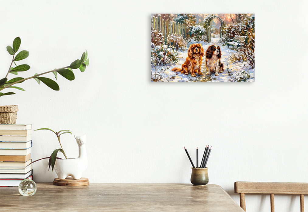 Premium Textil-Leinwand Cavalier King Charles Spaniels im Wintergarten