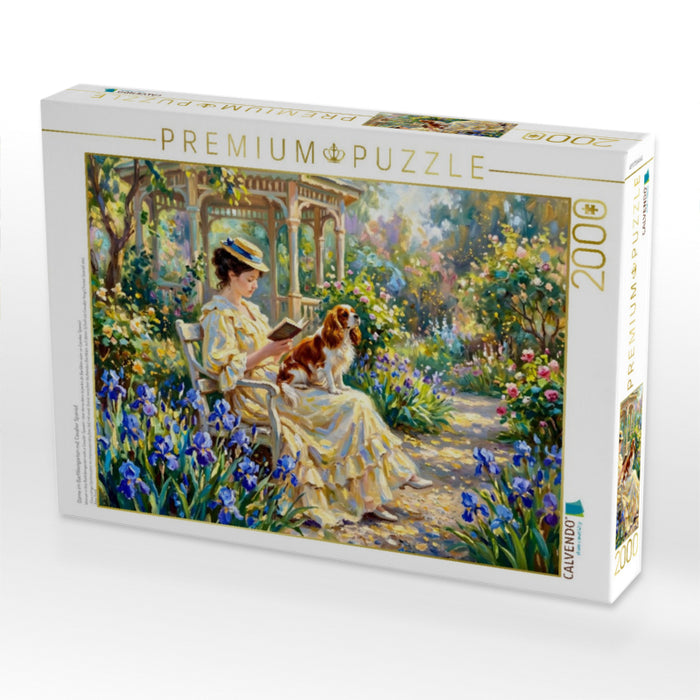 Dame im Bartliliengarten mit Cavalier Spaniel - CALVENDO Foto-Puzzle'
