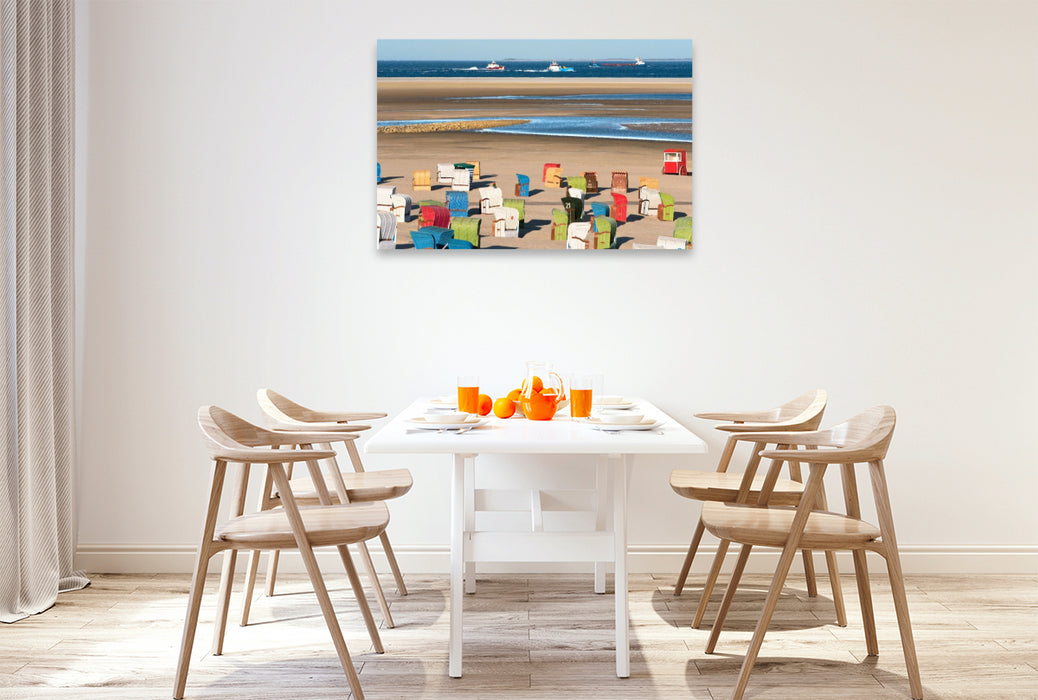 Premium Textil-Leinwand Strandkörbe, Sand, Schiffe und die See.