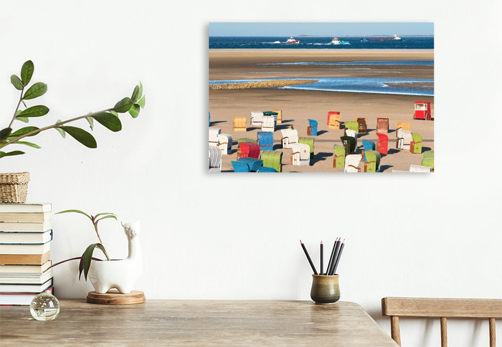 Premium Textil-Leinwand Strandkörbe, Sand, Schiffe und die See.