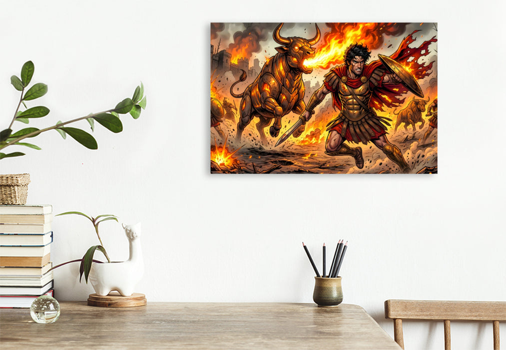 Premium Textil-Leinwand Feuerspeiende Stiere