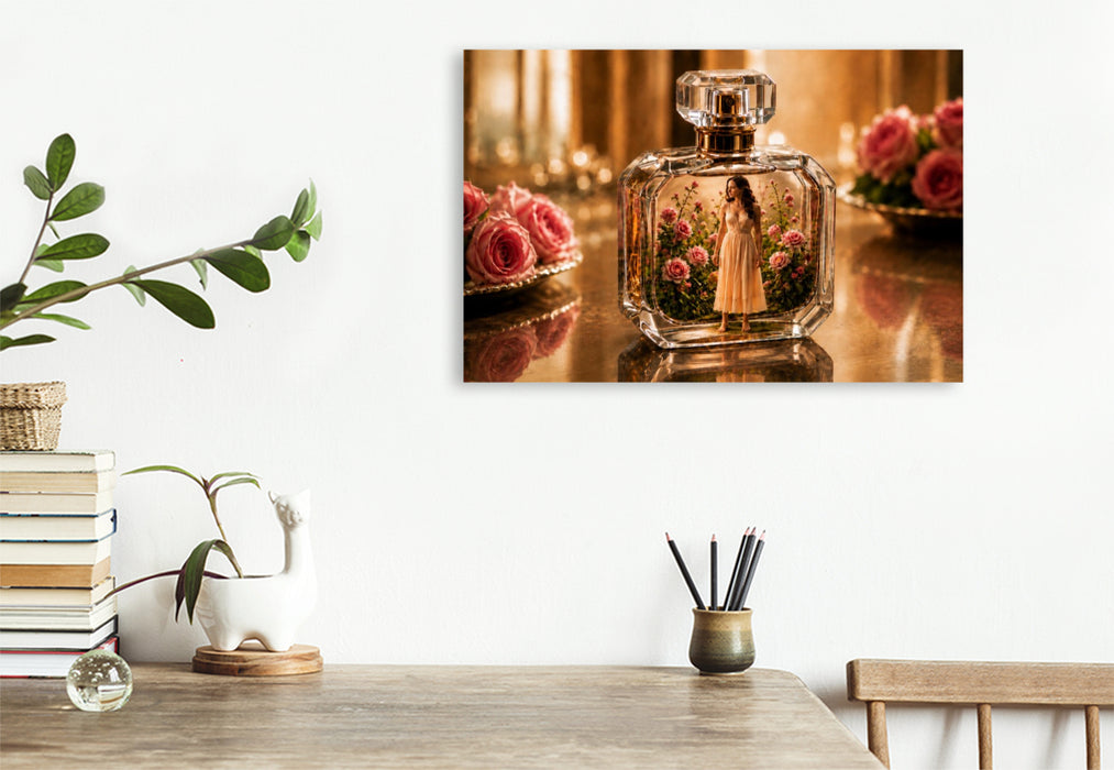 Premium Textil-Leinwand Blütentraum im Parfumglas