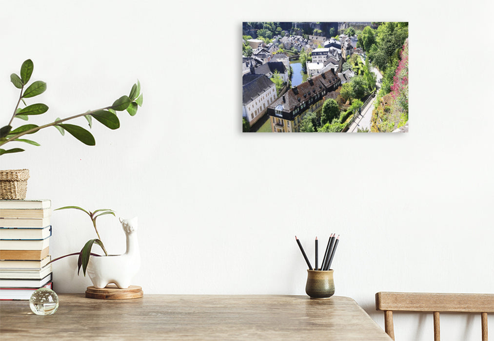 Premium Textil-Leinwand Luxemburg, Stadtteil Grund mit Blick auf die Alzette