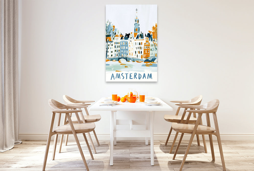 Premium Textil-Leinwand Amsterdam mit den typischen Grachten