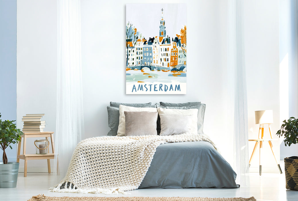 Premium Textil-Leinwand Amsterdam mit den typischen Grachten