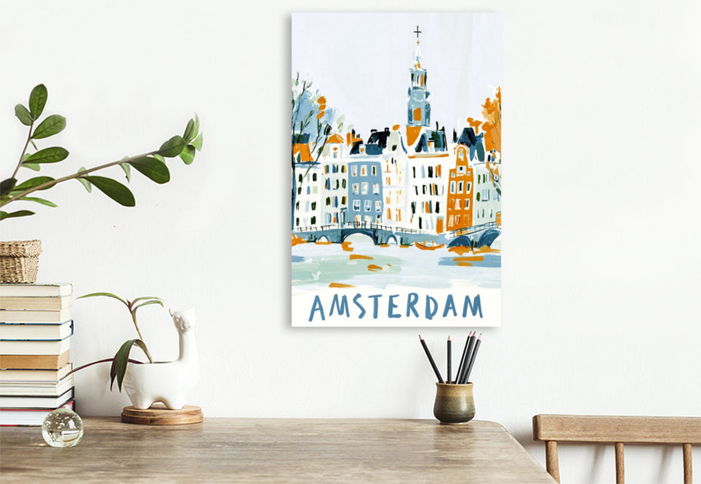 Premium Textil-Leinwand Amsterdam mit den typischen Grachten
