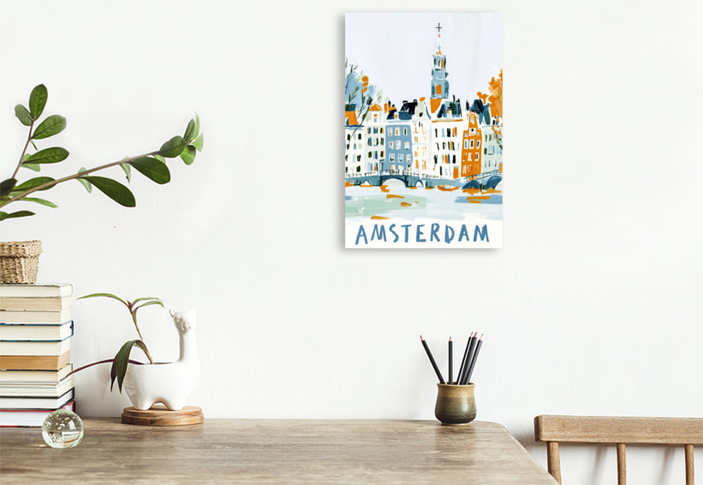 Premium Textil-Leinwand Amsterdam mit den typischen Grachten