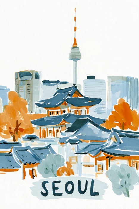 Premium Textil-Leinwand Seoul mit dem N Seoul Tower im Hintergrund und traditionellen Hanok Gebäuden