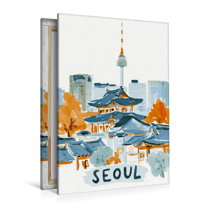 Premium Textil-Leinwand Seoul mit dem N Seoul Tower im Hintergrund und traditionellen Hanok Gebäuden