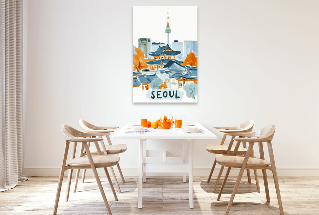 Premium Textil-Leinwand Seoul mit dem N Seoul Tower im Hintergrund und traditionellen Hanok Gebäuden