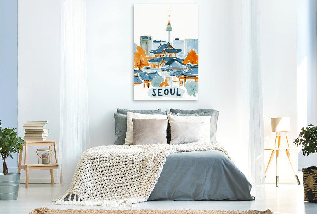 Premium Textil-Leinwand Seoul mit dem N Seoul Tower im Hintergrund und traditionellen Hanok Gebäuden