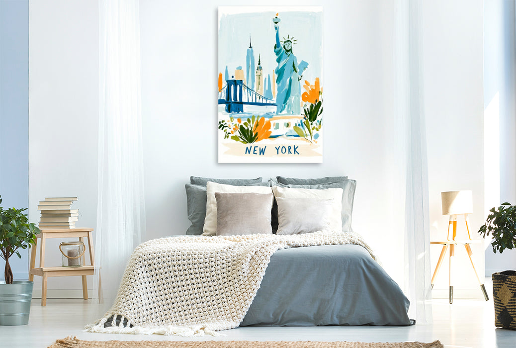 Premium Textil-Leinwand New Yorker Skyline mit der Freiheitsstatue