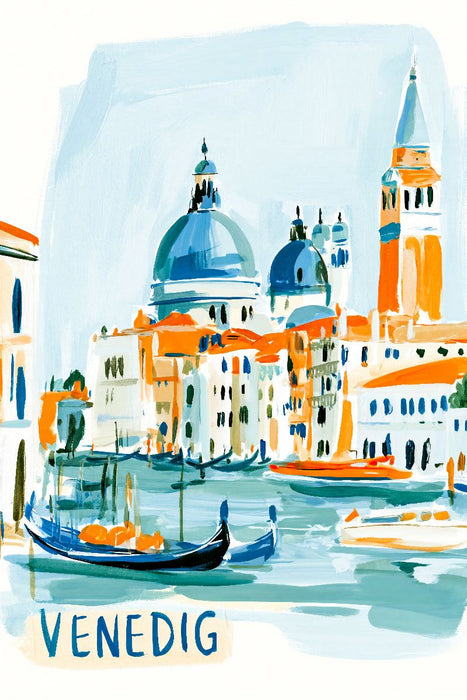 Premium Textil-Leinwand Venedig mit den berühmten Kuppeln, dem Markusturm und Gondeln