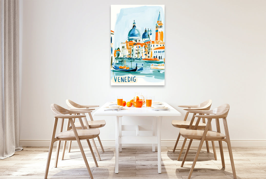 Premium Textil-Leinwand Venedig mit den berühmten Kuppeln, dem Markusturm und Gondeln