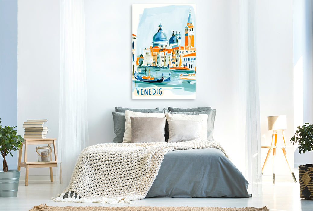 Premium Textil-Leinwand Venedig mit den berühmten Kuppeln, dem Markusturm und Gondeln