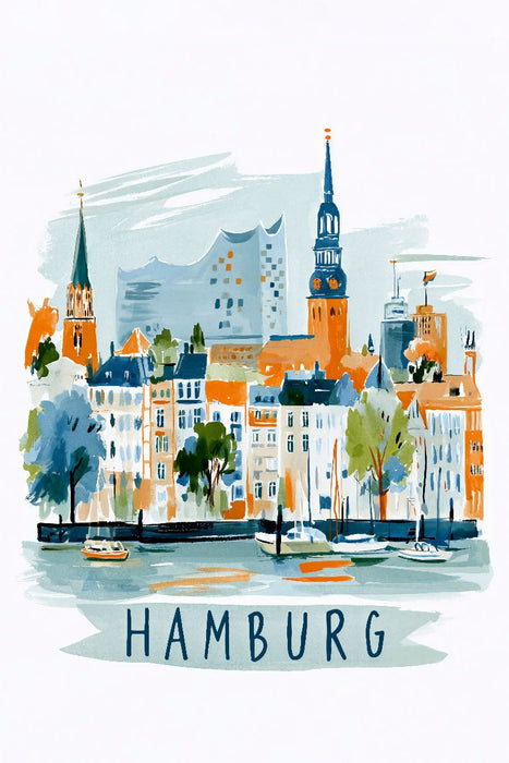 Premium Textil-Leinwand Hamburger Skyline mit Elbphilharmonie und historischen Hafenbauten